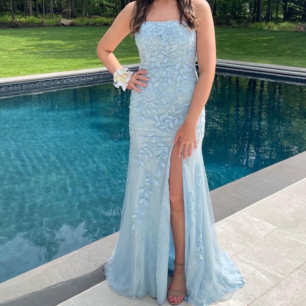 blue lace strapless Amarra prom dress